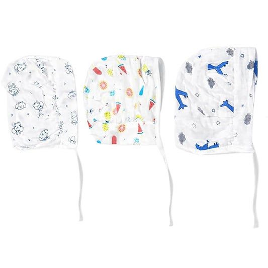 Muslin Dori Cap - Combo of 3 (Aeroplane,Tropical Treats, Bunny Bear)