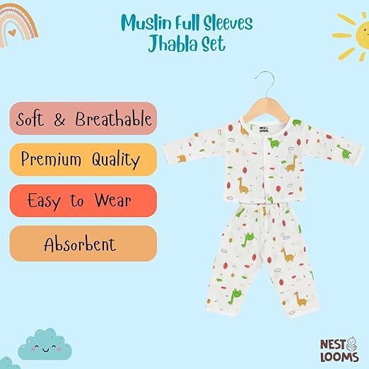 Muslin Full Sleeves Jhabla Set - Organic Cotton Muslin - Giraffe Safari