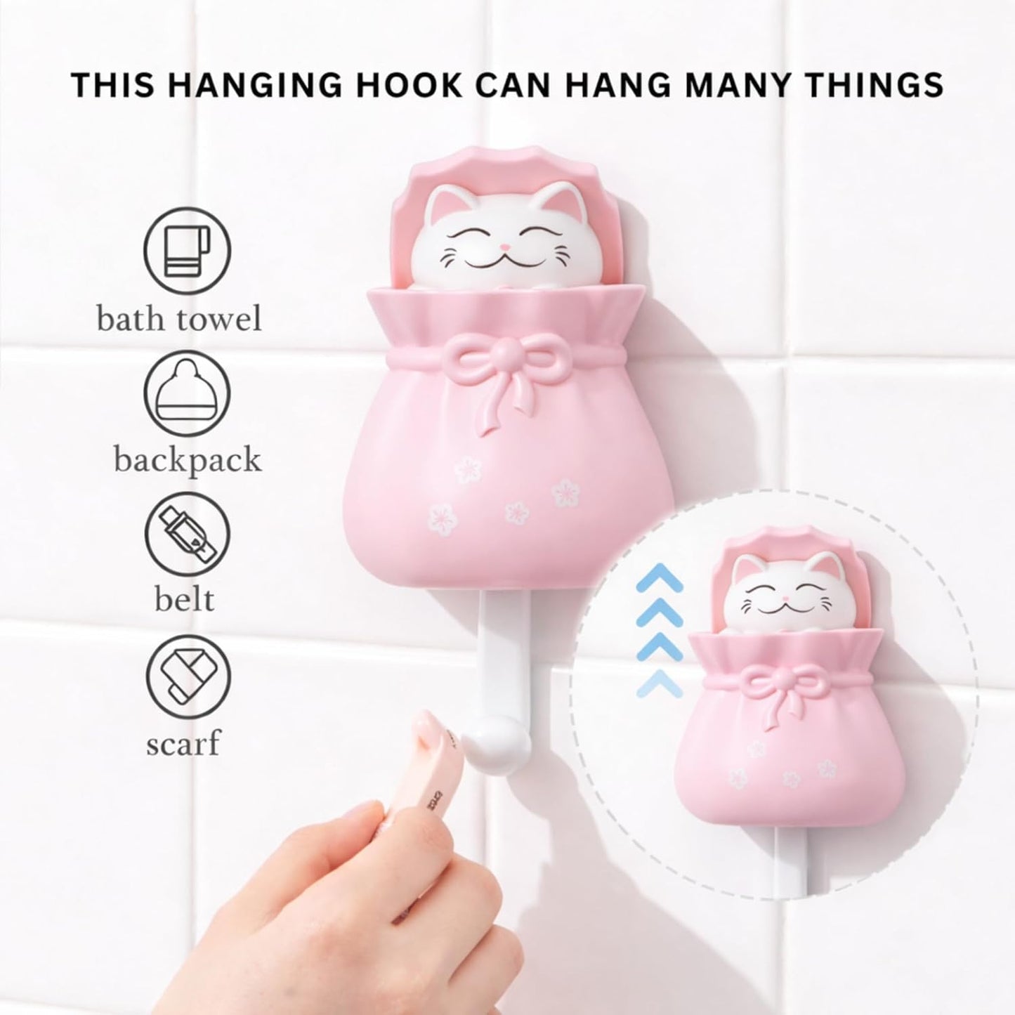 Adhesive Multipurpose Wall Hook for Towels, Bags & Clothes - Pink Kitty