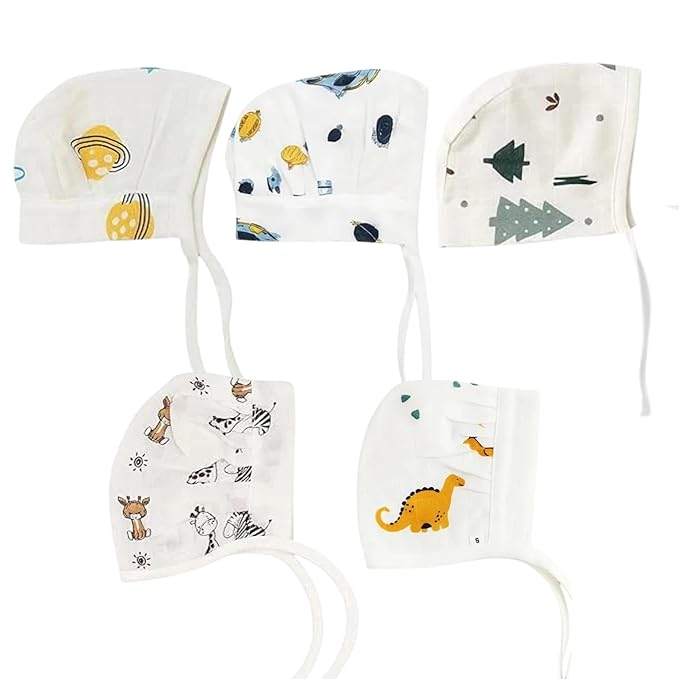 Muslin Dori Cap - Combo of 5 (Space Bear, Galaxy woof, Jungle Buddies, dinoland, Christmas)