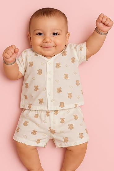 Half Sleeves Jhabla Set - Organic Cotton Muslin - Bear Snuggle