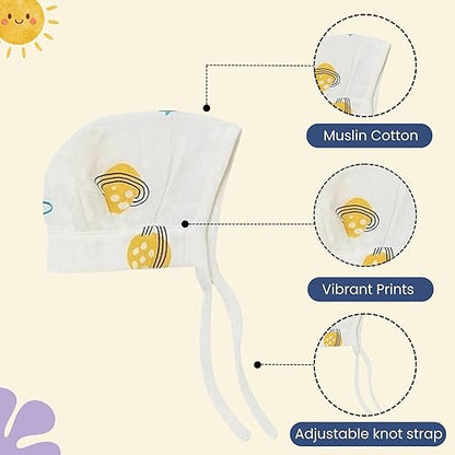 Muslin Dori Cap - Combo of 3 (Bear Snuggle, dinoland, Space Bear)