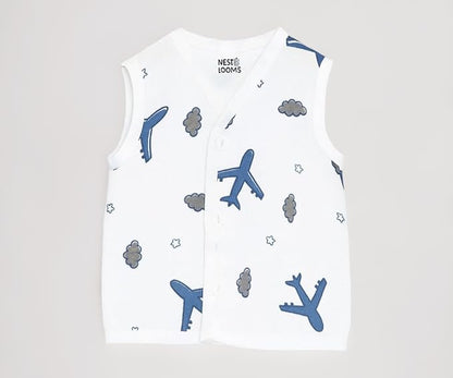 Sleeveless Jhabla With Button- Muslin - Aeroplane Rides