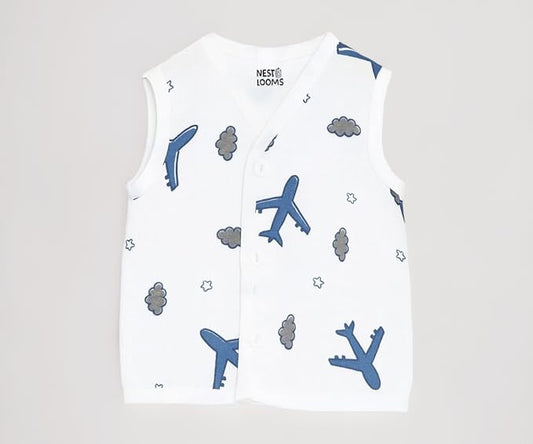 Sleeveless Jhabla With Button- Muslin - Aeroplane Rides