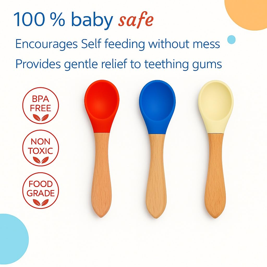 Baby Silicone Spoon with Bamboo Handle - Set of 3 Mix Colour