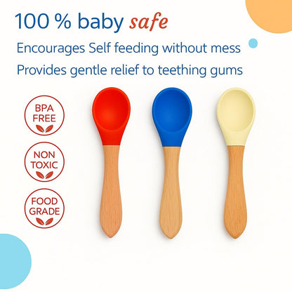 Baby Silicone Spoon with Bamboo Handle - Set of 3 Mix Colour
