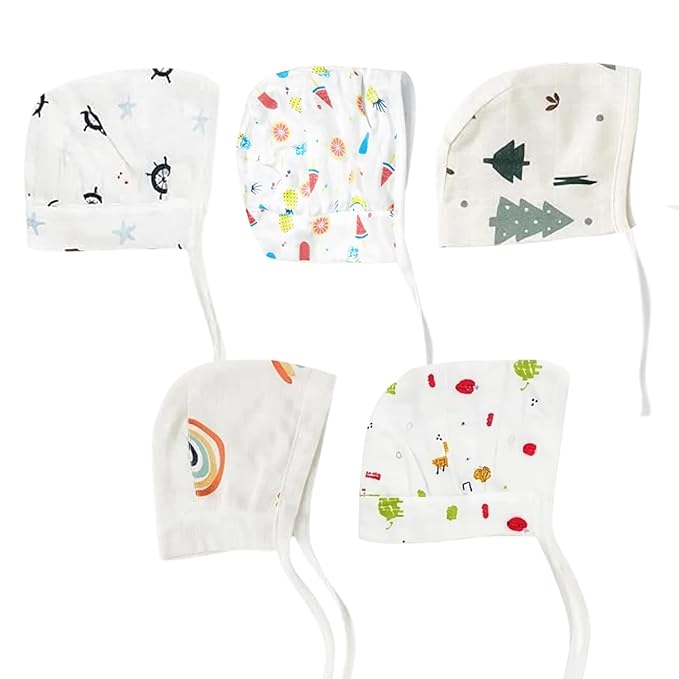 Muslin Dori Cap - Combo of 5 (Christmas, Sailor Star, Rainbow, Tropical Treats, Giraffe Safari)
