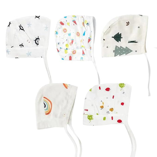 Muslin Dori Cap - Combo of 5 (Christmas, Sailor Star, Rainbow, Tropical Treats, Giraffe Safari)