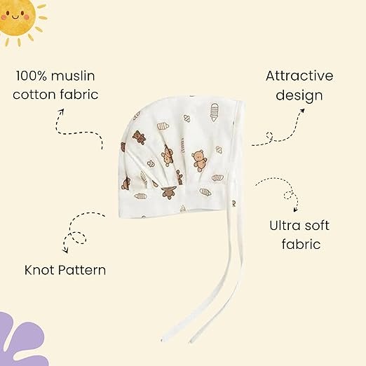 Muslin Dori Cap - Combo of 3 (Bear Snuggle, dinoland, Space Bear)