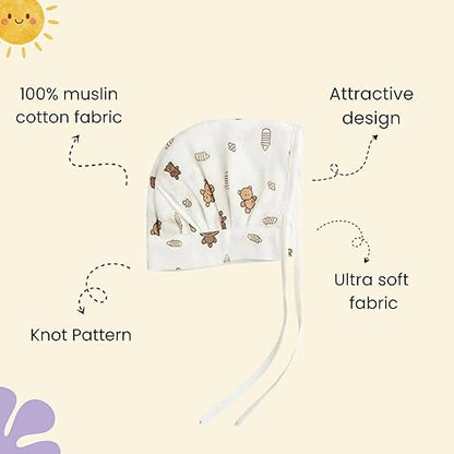 Muslin Dori Cap - Combo of 3 (Bear Snuggle, dinoland, Space Bear)