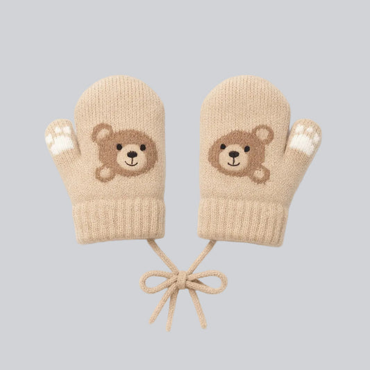 Baby Winter Knitted Gloves With Strings - Beige Teddy