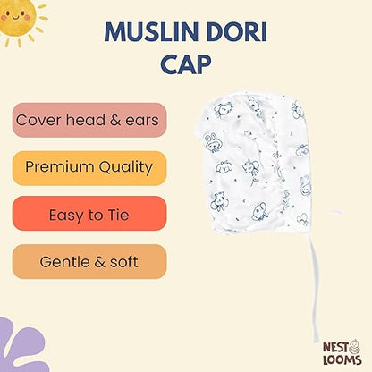 Muslin Dori Cap - Combo of 3 (Aeroplane,Tropical Treats, Bunny Bear)