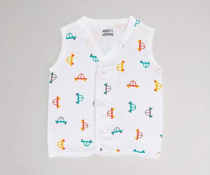 Sleeveless Jhabla With Button- Muslin - Tiny Wheels