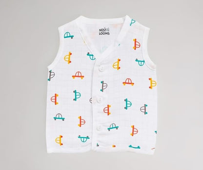 Sleeveless Jhabla With Button- Muslin - Tiny Wheels
