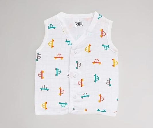 Sleeveless Jhabla With Button- Muslin - Tiny Wheels