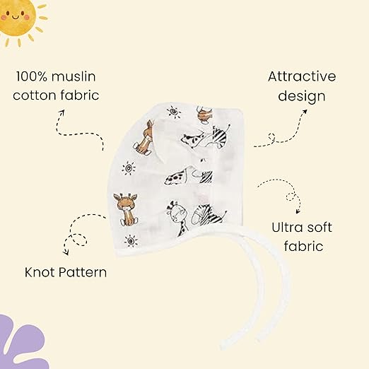Muslin Dori Cap - Combo of 3 (Space Bear, Sunny Bunny, Jungle Buddies)