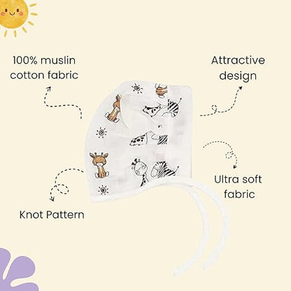 Muslin Dori Cap - Combo of 3 (Space Bear, Sunny Bunny, Jungle Buddies)
