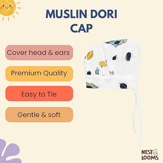 Muslin Dori Cap - Combo of 5 (Space Bear, Galaxy woof, Jungle Buddies, dinoland, Christmas)