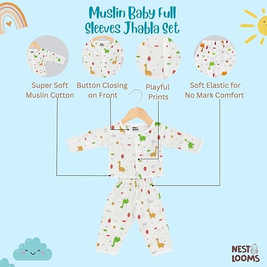 Muslin Full Sleeves Jhabla Set - Organic Cotton Muslin - Giraffe Safari