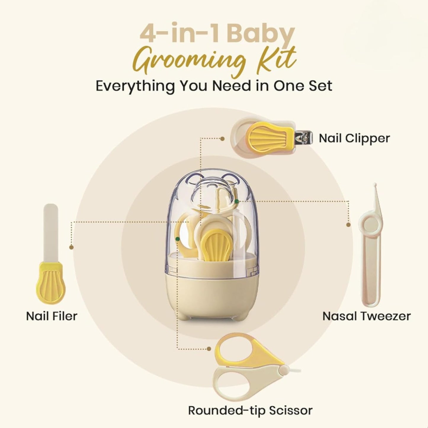 4-in-1 Bear Baby Grooming Kit with Scissors, Nail Filer, Tweezer & Clipper - Yellow