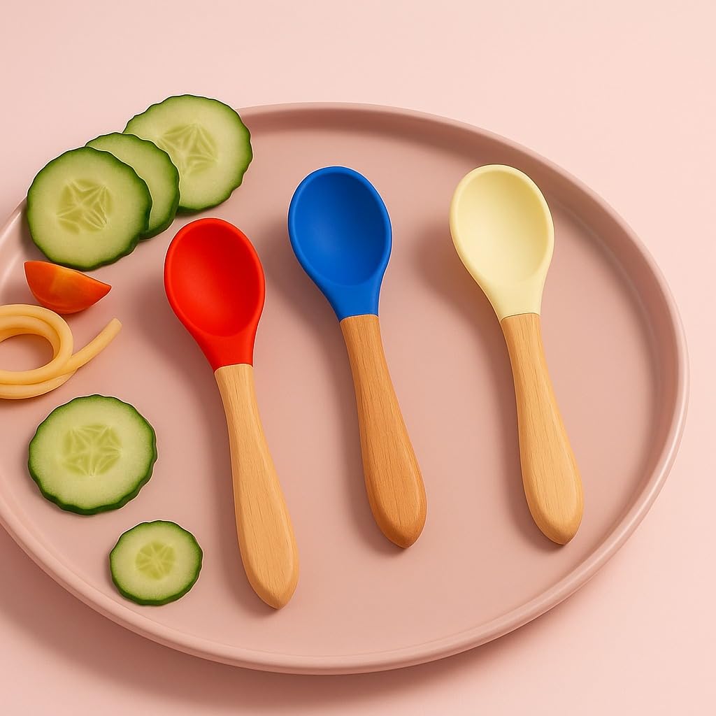 Baby Silicone Spoon with Bamboo Handle - Set of 3 Mix Colour