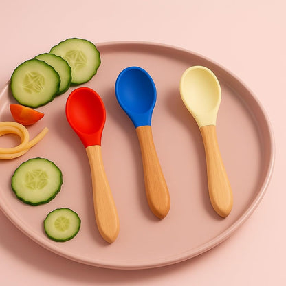 Baby Silicone Spoon with Bamboo Handle - Set of 3 Mix Colour