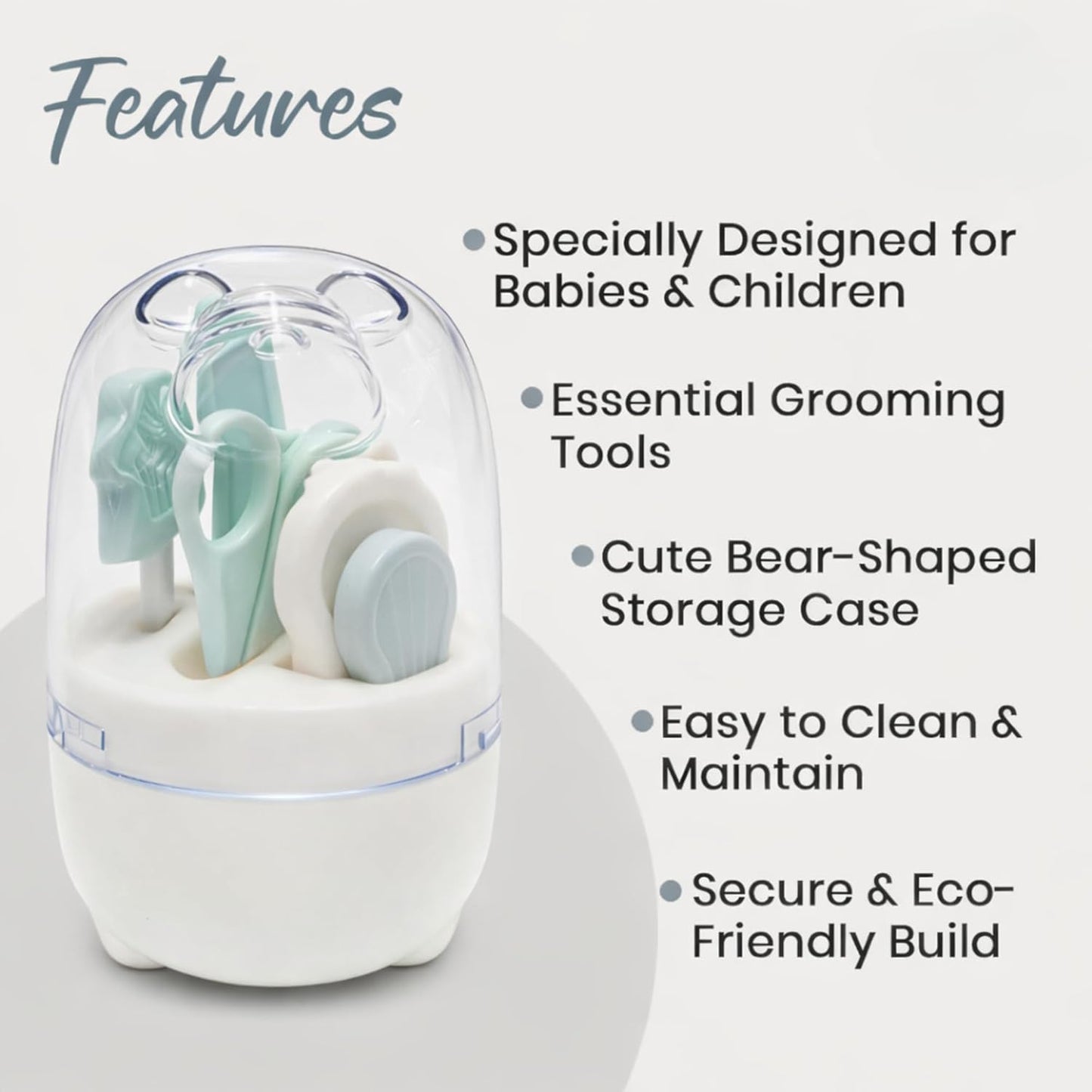 4-in-1 Bear Baby Grooming Kit with Scissors, Nail Filer, Tweezer & Clipper - White