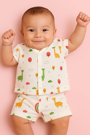 Half Sleeves Jhabla Set - Organic Cotton Muslin - Giraffe Safari