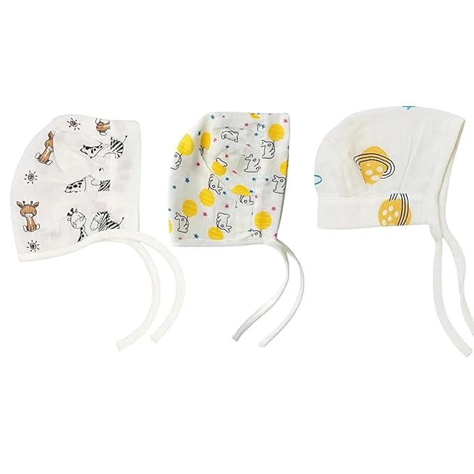 Muslin Dori Cap - Combo of 3 (Space Bear, Sunny Bunny, Jungle Buddies)