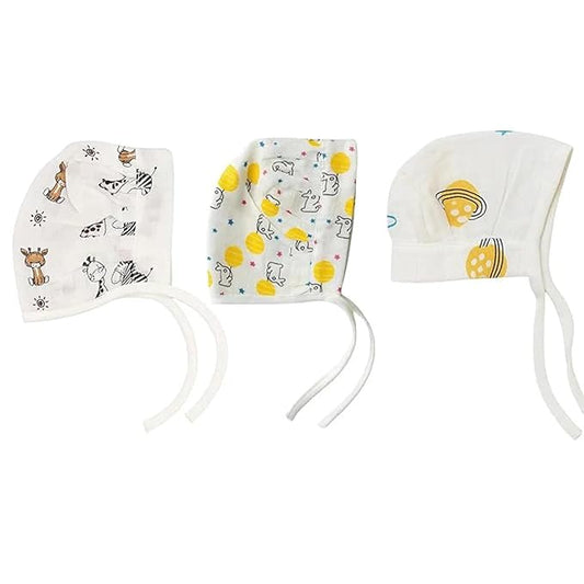 Muslin Dori Cap - Combo of 3 (Space Bear, Sunny Bunny, Jungle Buddies)