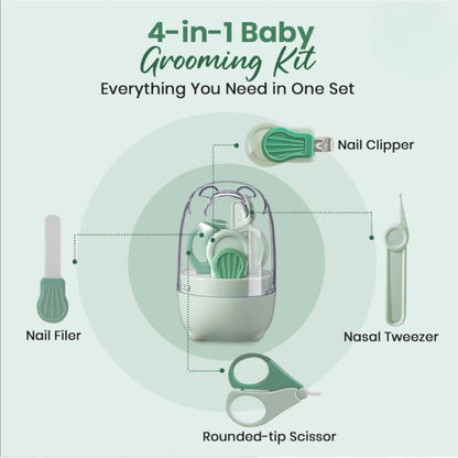 4-in-1 Bear Baby Grooming Kit with Scissors, Nail Filer, Tweezer & Clipper - Green