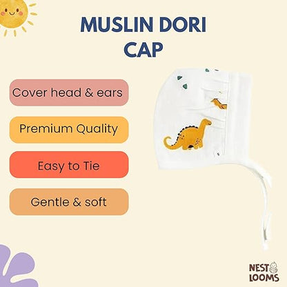Muslin Dori Cap - Combo of 3 (Bear Snuggle, dinoland, Space Bear)