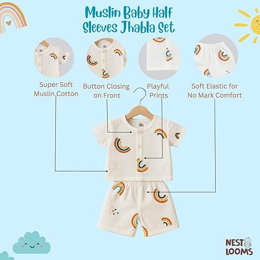 Half Sleeves Jhabla Set - Organic Cotton Muslin - Rainbow Dreams