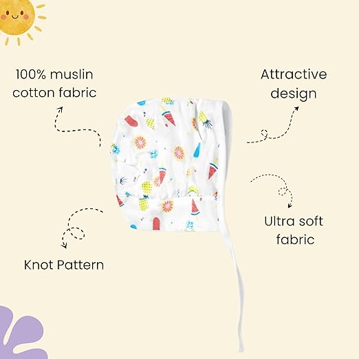 Muslin Dori Cap - Combo of 3 (Aeroplane,Tropical Treats, Bunny Bear)