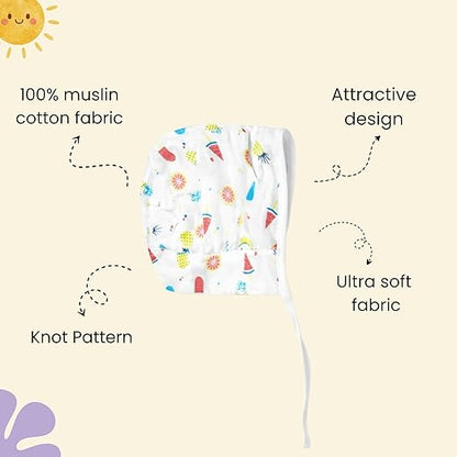 Muslin Dori Cap - Combo of 3 (Aeroplane,Tropical Treats, Bunny Bear)
