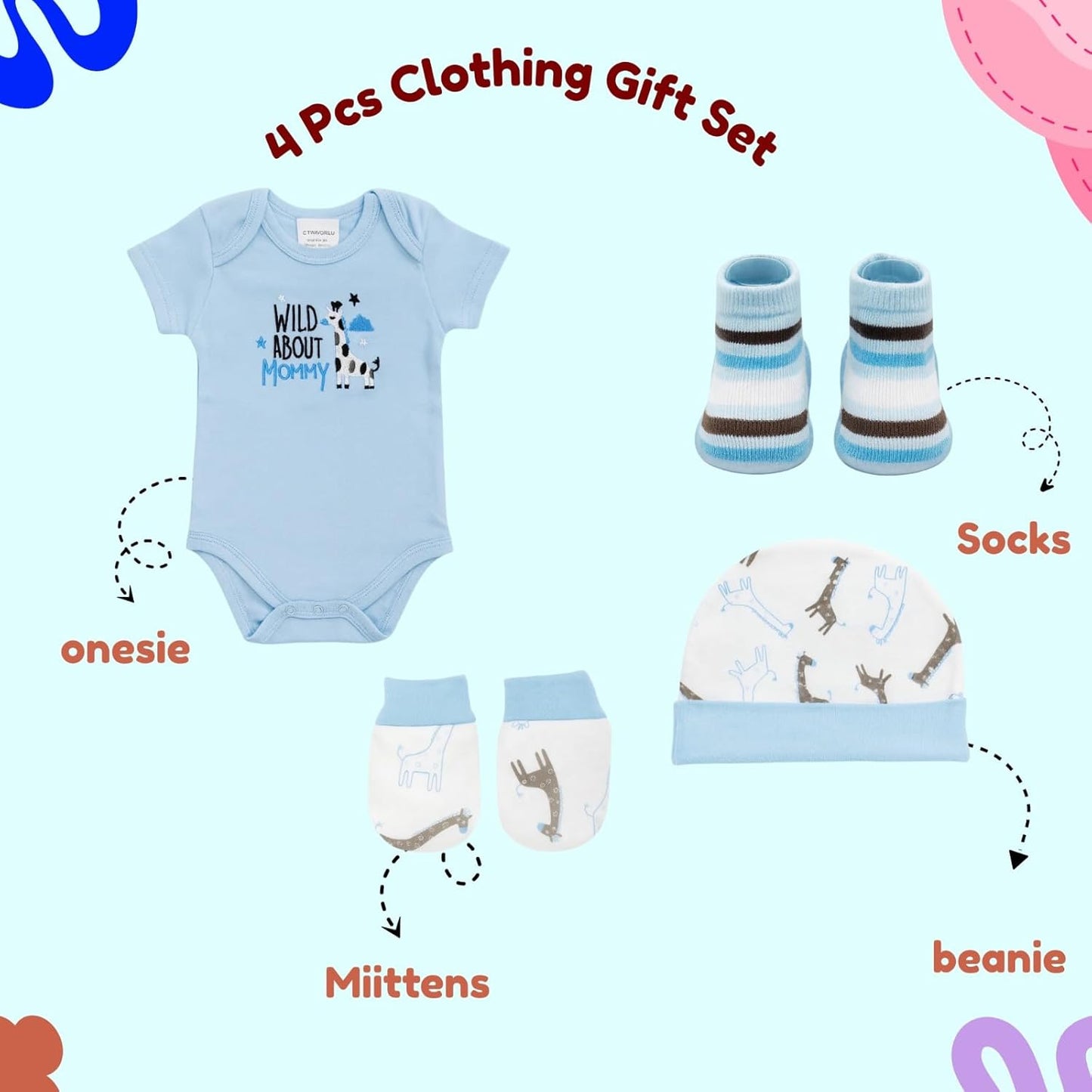 4 pcs Baby Clothing Gift Set - Blue Giraffe Love