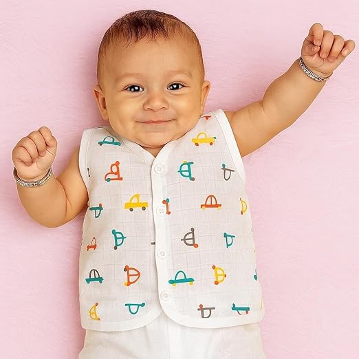 Sleeveless Jhabla With Button- Muslin - Tiny Wheels