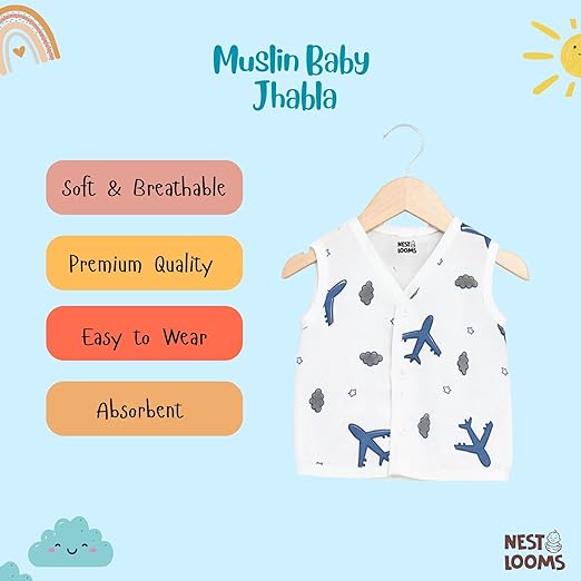 Sleeveless Jhabla With Button- Muslin - Aeroplane Rides