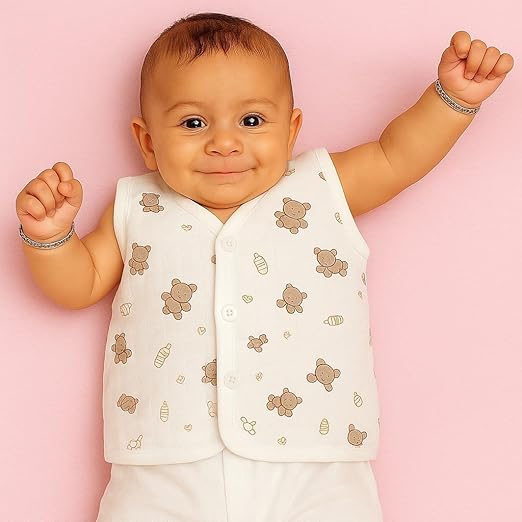 Sleeveless Jhabla With Button- Muslin - Bear Snuggle