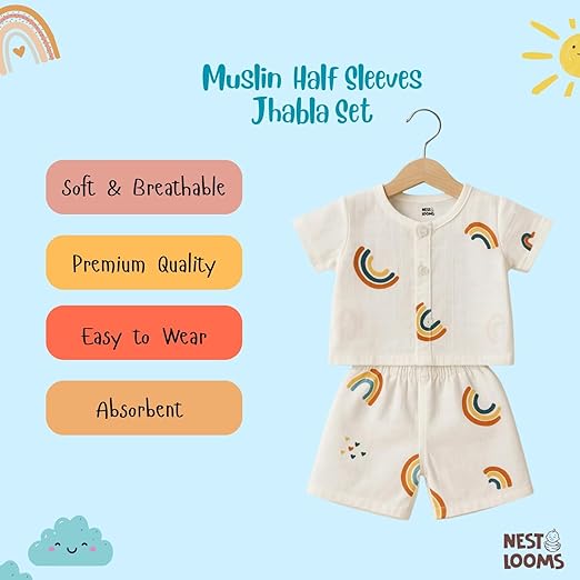 Half Sleeves Jhabla Set - Organic Cotton Muslin - Rainbow Dreams