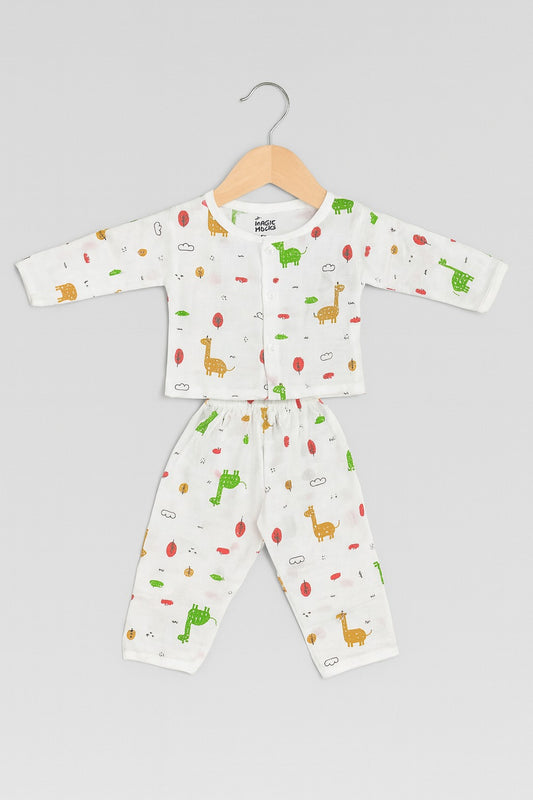 Muslin Full Sleeves Jhabla Set - Organic Cotton Muslin - Giraffe Safari