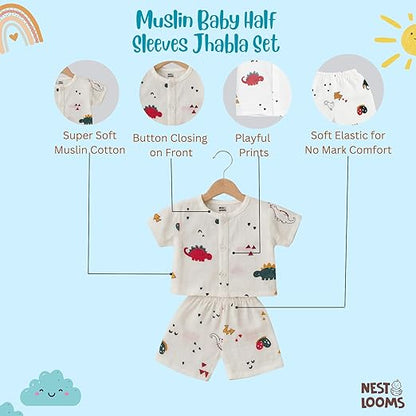 Half Sleeves Jhabla Set - Organic Cotton Muslin - Dinoland