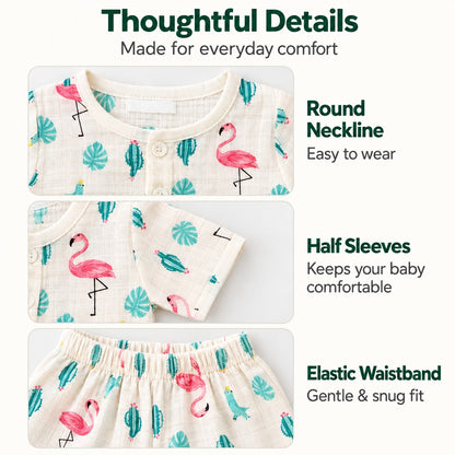 Half Sleeves Jhabla Set - Organic Cotton Muslin -  Flamingo Fiesta