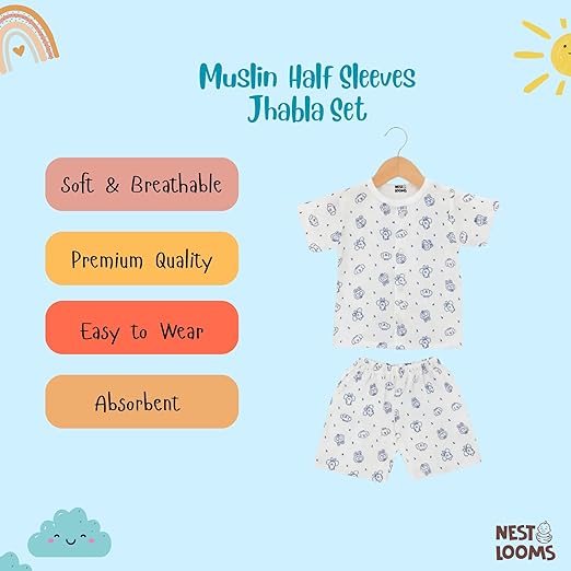 Half Sleeves Jhabla Set - Organic Cotton Muslin - Bunny & Bear