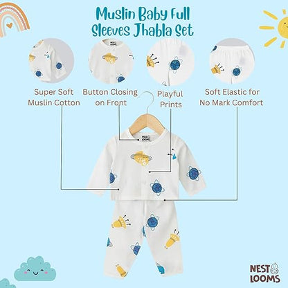Muslin Full Sleeves Jhabla Set - Organic Cotton Muslin - Space Bear
