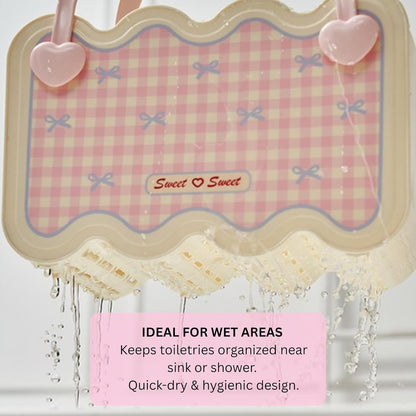 Multi-Purpose Bathroom & Vanity Storage Basket with Portable Handle - Pink Checks