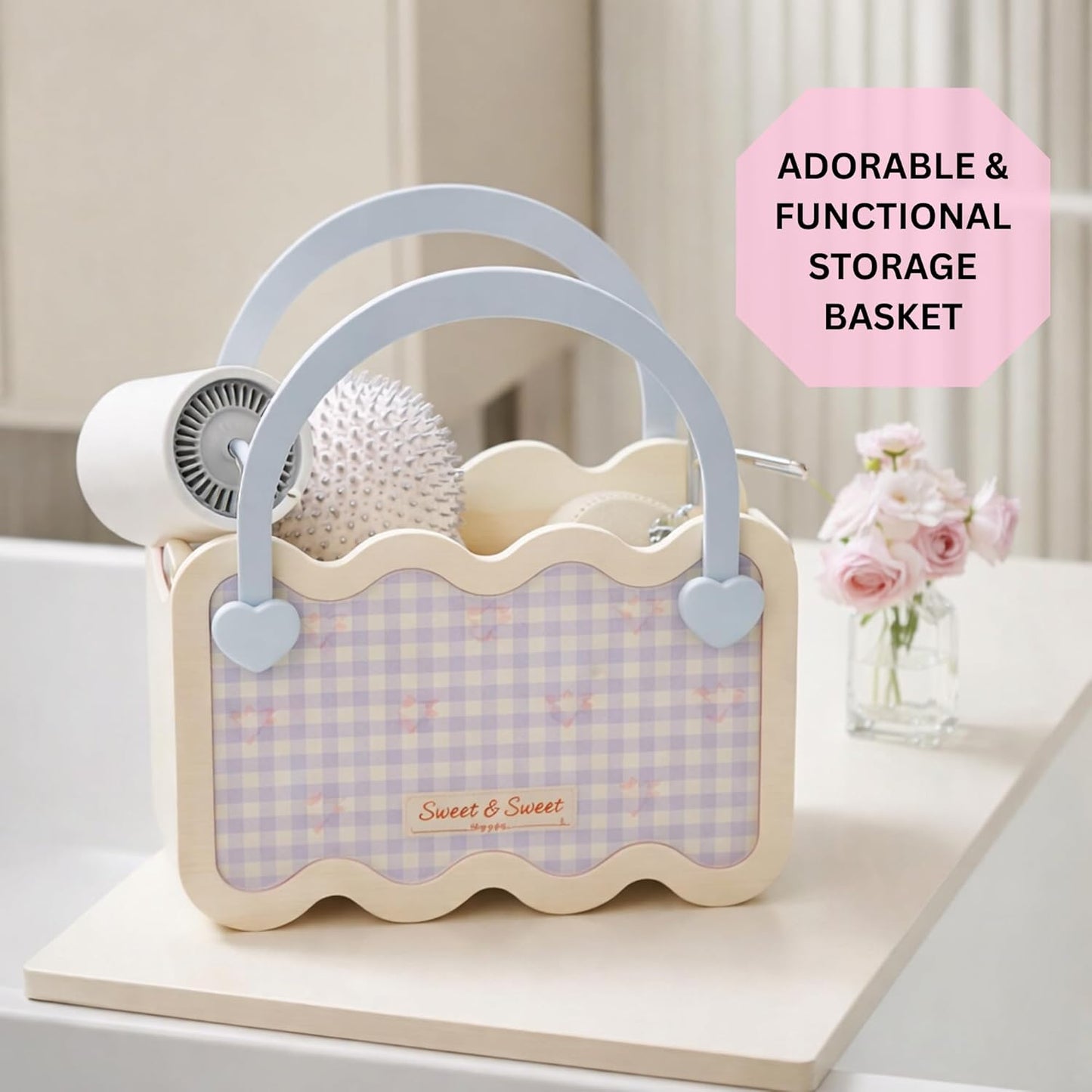 Multi-Purpose Bathroom & Vanity Storage Basket with Portable Handle - Blue Checks