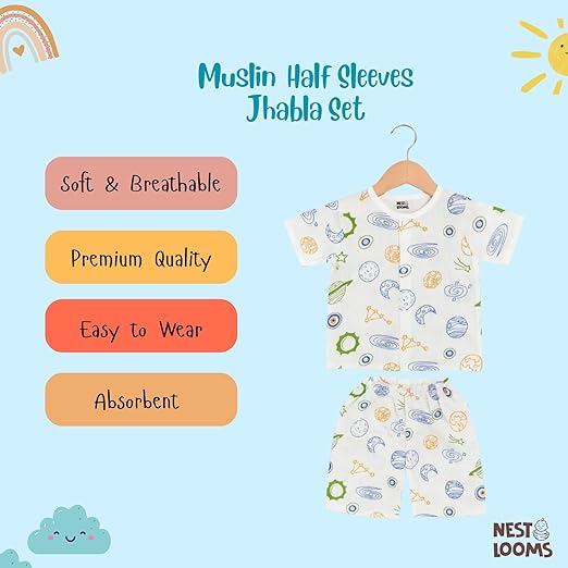 Half Sleeves Jhabla Set - Organic Cotton Muslin -  Galaxy Dreams