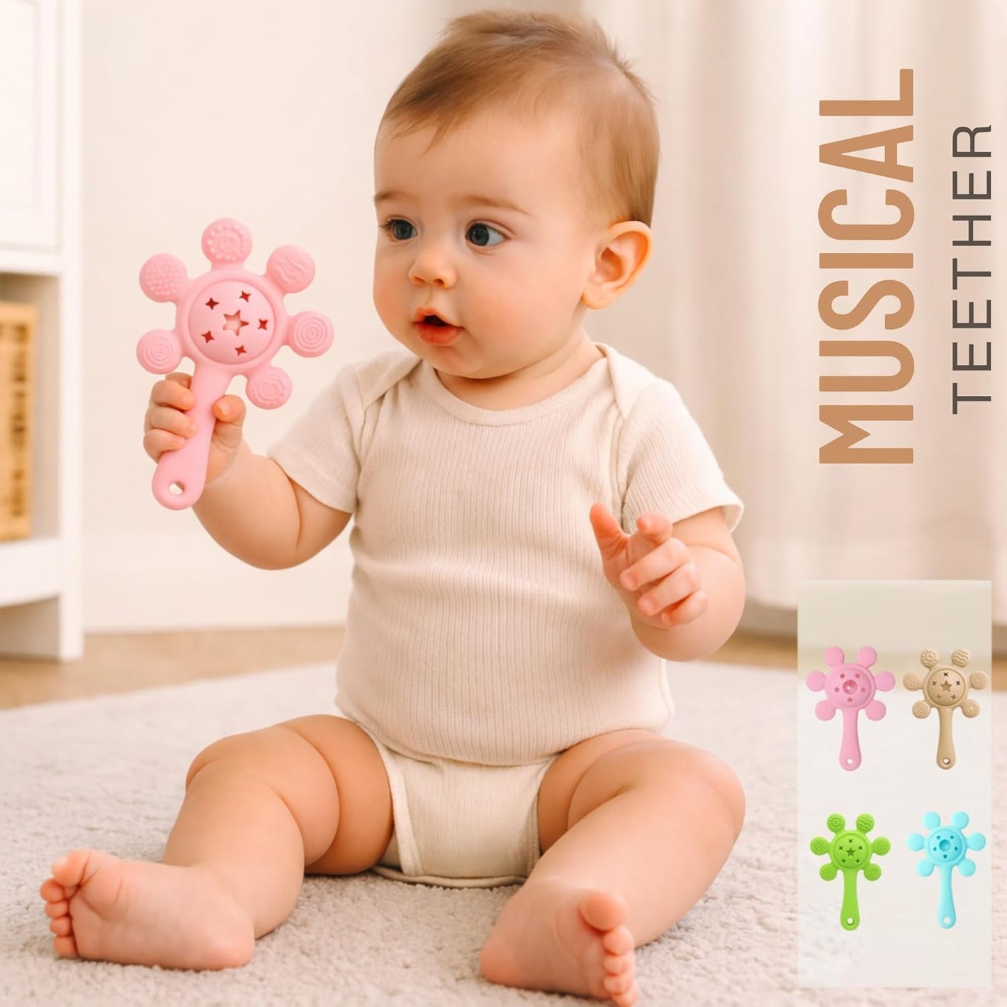 Silicone Flower Rattle Teether - Soft Peach