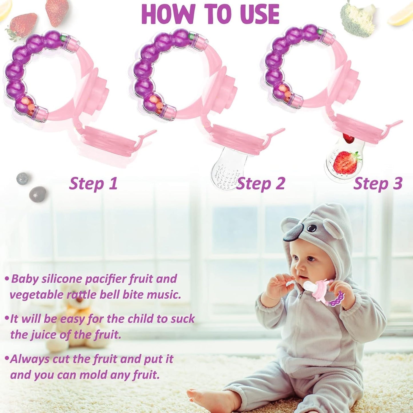Silicone Fruit Nibbler - Pink Bubble Handle